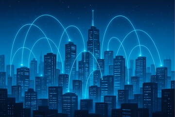 Connected City Skyline at Night with Blue Light Network