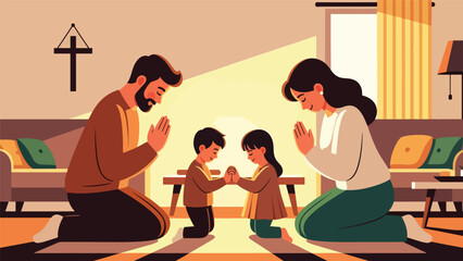 Flat vector illustration of a Christian family praying together at home, ideal for family faith themes, religious education, church presentations, and inspirational content