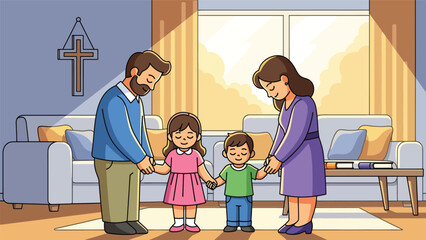 Flat vector illustration of a Christian family praying together at home, ideal for family faith themes, religious education, church presentations, and inspirational content