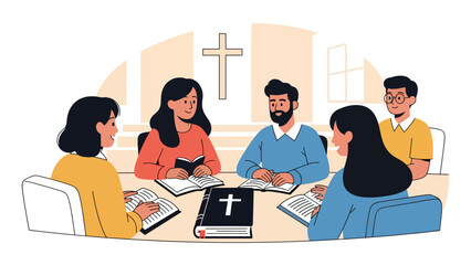 Modern flat vector illustration of a Christian Bible study group discussing scripture, ideal for religious education, small group ministry, and faith-based visuals