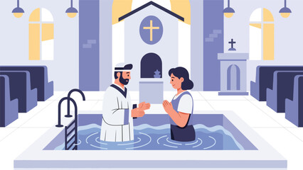 Flat vector illustration of a Christian baptism ceremony in church, ideal for religious milestones, church education, faith content, and spiritual symbolism