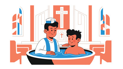 Flat vector illustration of a Christian baptism ceremony in church, ideal for religious milestones, church education, faith content, and spiritual symbolism