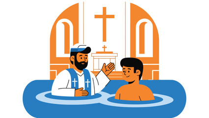 Flat vector illustration of a Christian baptism ceremony in church, ideal for religious milestones, church education, faith content, and spiritual symbolism