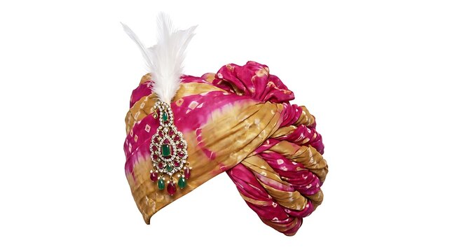 Traditional Rajasthani Turban (Pagri) with Sarpech Kalgi featuring Diamonds, Rubies, and Emeralds, Isolated on White Background