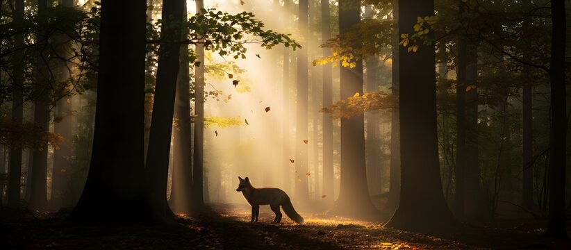 Red fox in a mystical autumn forest with sunbeams breaking through the canopy - Powered by Adobe