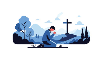Flat vector illustration of a Christian praying outdoors in nature, ideal for spiritual reflection, faith inspiration, religious content, and peaceful visuals