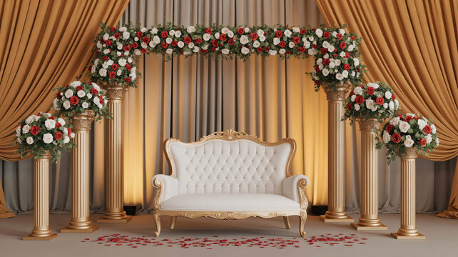 Luxury wedding stage with white and gold sofa and floral arch of roses