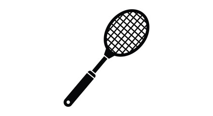 A simple black and white illustration of a tennis racket in a clean style silhouette