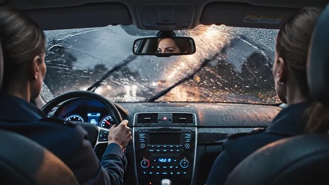Two drivers steer through a rain-washed windshield dashboard glow wipers racing as city lights blur