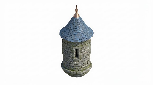 Isolated Medieval Stone Castle Turret or Watch Tower Section with Blue Conical Shingle Roof and Single Slit Window on White Background
