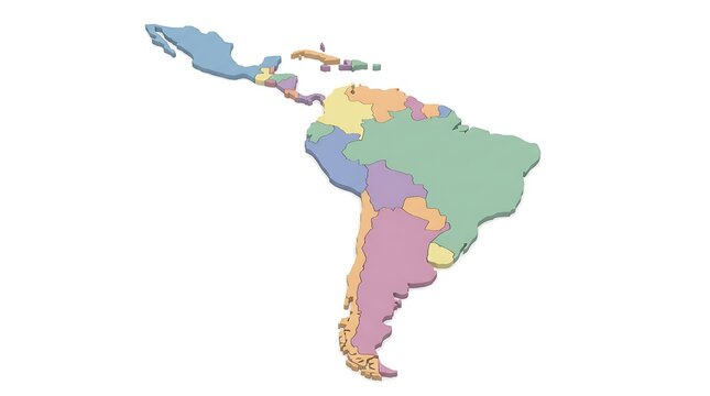 3D Map of Latin America and the Caribbean, showing individual countries in distinct pastel colors. South America, Central America, and Mexico geographic region visualization isolated on white backgrou