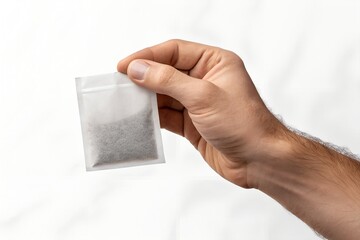 hand holding a tea bag on a white background 