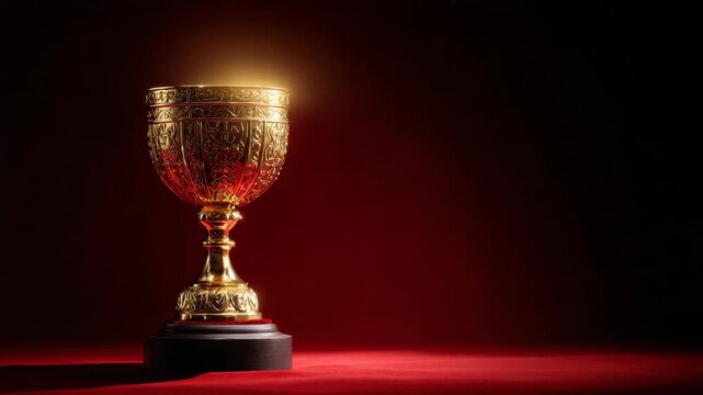Decorative golden trophy cup with intricate patterns, realistic style, on red velvet surface with dark gradient background, symbol of victory