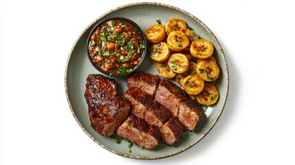 Juicy grilled steak slices with crispy plantains and spicy salsa sauce served on a rustic plate for a flavorful appetizing meal or dinner presentation