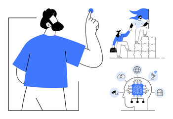 Teamwork, technology, leadership, innovation, artificial intelligence, business growth. A person lifting another, a head with tech symbols a man pointing up. Teamwork and technology concept