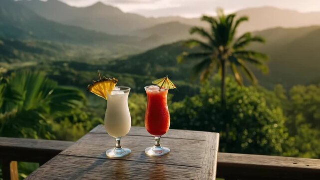 Tropical cocktails with umbrellas at sunset mountain view