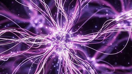 Vibrant purple neural network visualization with radiating fibers and glowing nodes