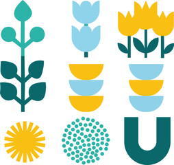 Colorful floral shapes and letters on for design