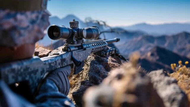Long-range sniper rifle positioned in mountains