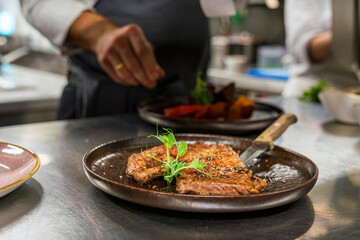 A chef at a professional restaurant kitchen prepare the ordered food before it leave to the guest room