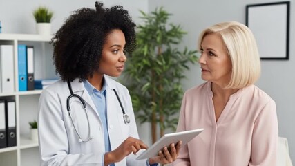 A female doctor and a senior woman looking at a tablet together in a clinic office with a plant and bookshelf - Powered by Adobe