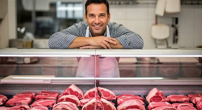 Butcher shop display featuring a smiling male butcher in a checked shirt, showcasing fresh cuts of meat behind a glass counter, emphasizing quality and craftsmanship in grocery shopping - Powered by Adobe