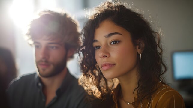 Creative professionals collaborate in a warm sunlit office engaged in deep thought and innovative brainstorming - Powered by Adobe