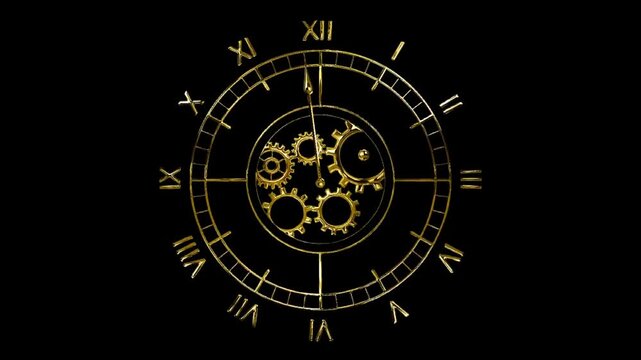 Golden steampunk clock animation on black. Gears turning, time, vintage, intricate, mechanical, retro, motion graphics