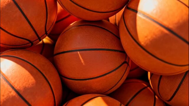 A vibrant collection of orange basketballs piled high under bright sunlight