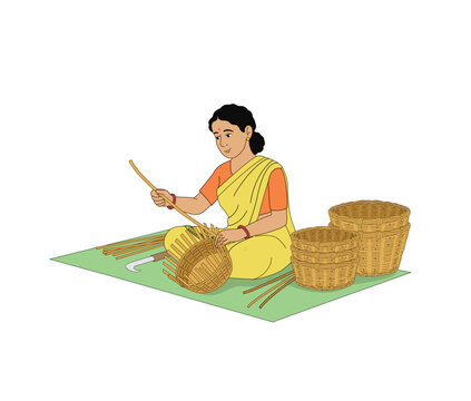 Indian Woman Weaving Bamboo Basket Traditional Handicraft Illustration. Woman Empowerment. Indian Rural Woman Working. Indian Woman Doing Samll Business. 
