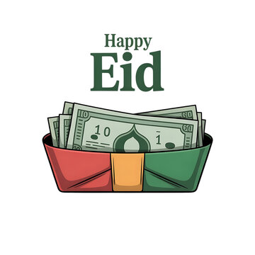 Happy eid greeting with colorful container full of money for eidi gift illustration isolated on transparent background