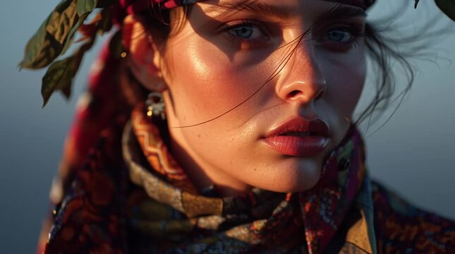 Closeup portrait of a woman with bohemian style headband and patterned clothing at sunset