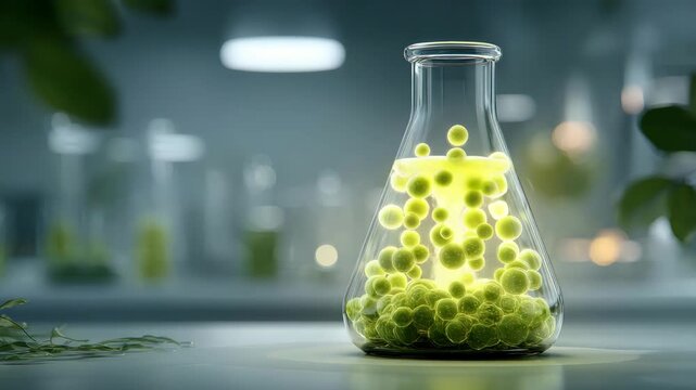 Bright green glowing substance with bubbles in a glass flask held by gloved hand, realistic style, lab background, concept of bioengineering