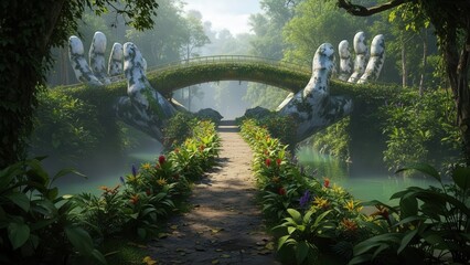 Futuristic bridge with giant hands in a lush green forest landscape
