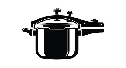 A black and white silhouette depiction of a pressure cooker with prominent handles and lid silhouette