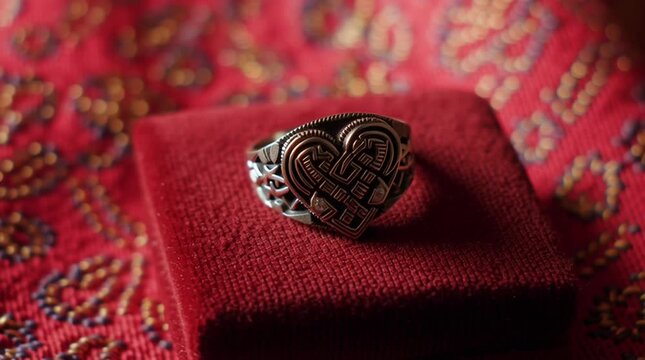 Silver heart ring with celtic knot design on red fabric