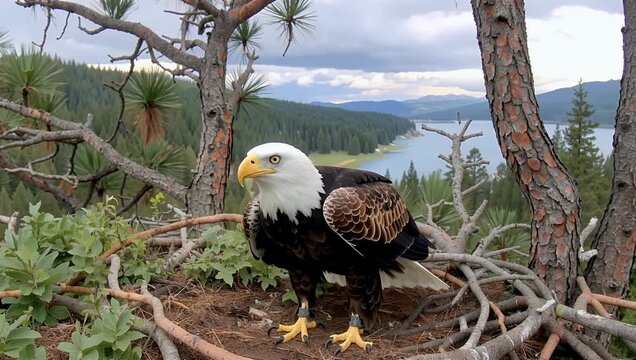 Majestic bald eagle spreading wings perched on nest against forest