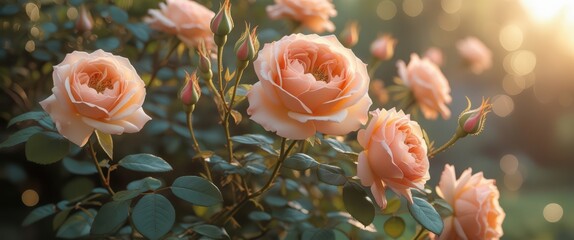 Beautiful peach roses in bloom with green leaves and sunlight