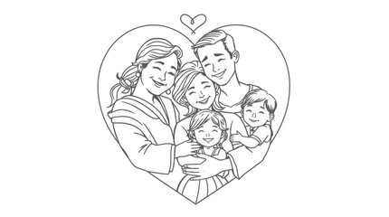 A heartwarming black and white line drawing of a happy family of five, embracing inside a heart shape, symbolizing love and togetherness.