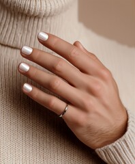 Elegant male hand with manicured nails and minimalist ring, expressing modern masculinity, gender expression, and LGBTQ+ identity in a soft, stylish, inclusive fashion portrait.