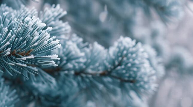 Closeup of frost covered pine needles on a blue spruce branch in winter