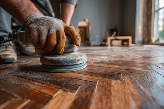 A worker with gloves sands old parquet floor using a sanding machine. Great image for renovation, restoration, and home improvement projects.