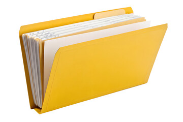 Bright yellow, open accordion file folder, filled with white paper documents, showcasing an organized system for storing and categorizing