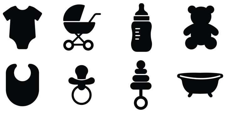 Baby care silhouette set, Infant essentials icon pack, Newborn items symbol collection