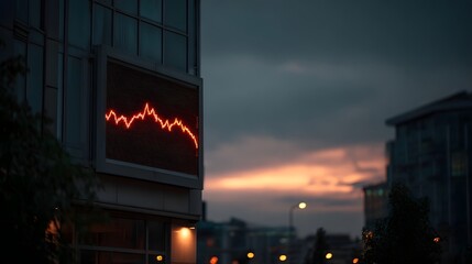 A glowing red graph displaying a downward trend is shown on a digital billboard attached to a modern building at dusk