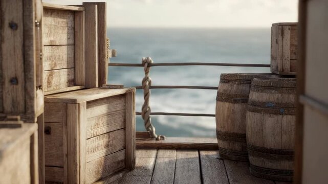 Wooden crates and barrels placed on an old ship deck, realistic style, ocean in background, concept of maritime transport and vintage trade