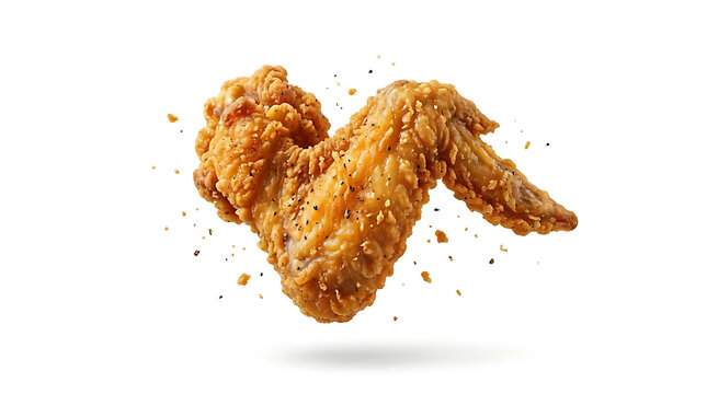 Isolated fried chickens -  chicken wing piece floating on pure white background, crispy textured coating, golden brown color, subtle crumbs.