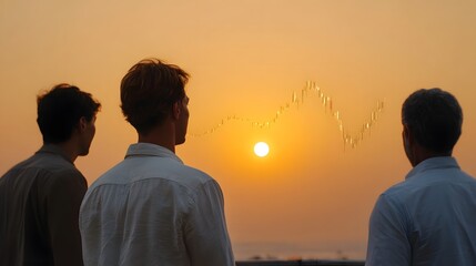 Three men observe a market graph overlaid on a vibrant sunset symbolizing financial opport and future growth