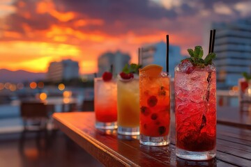 Delicious cocktails line a bar top, illuminated by a vibrant sunset backdrop. Great for advertising, summer promotions, vacation or tropical getaway themes.