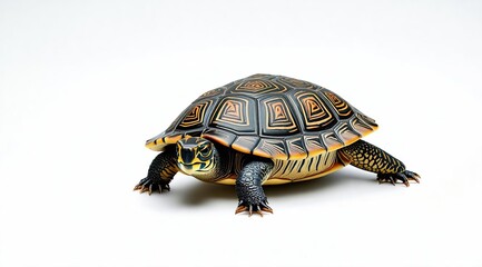 Obraz premium A tortoise, a reptile, isolated on a white background. Close-up of the shell and head. For topics related to nature, science, and animals.